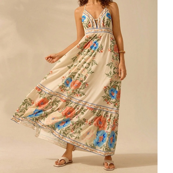 Boho Floral Print Halter Neck Ruffle Hem Maxi Dress